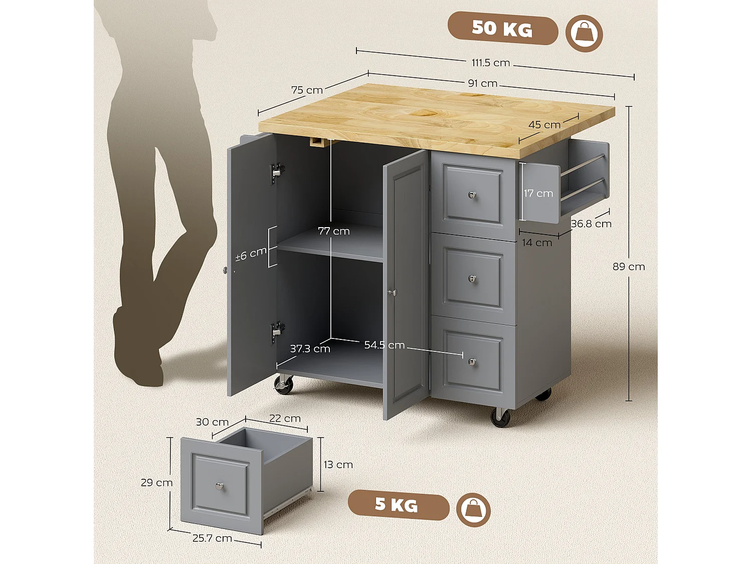 Norado Grey Rolling Kitchen Island with Drop Leaf Rubberwood Top 3 Drawers and Spice Rack