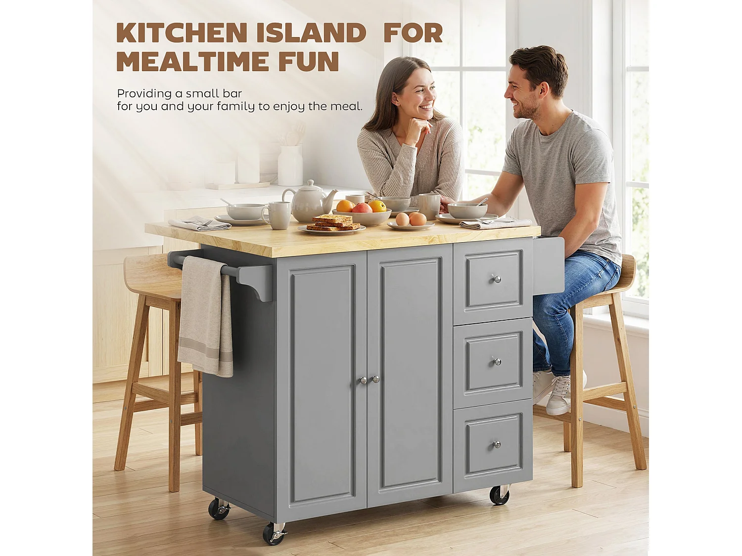 Norado Grey Rolling Kitchen Island with Drop Leaf Rubberwood Top 3 Drawers and Spice Rack