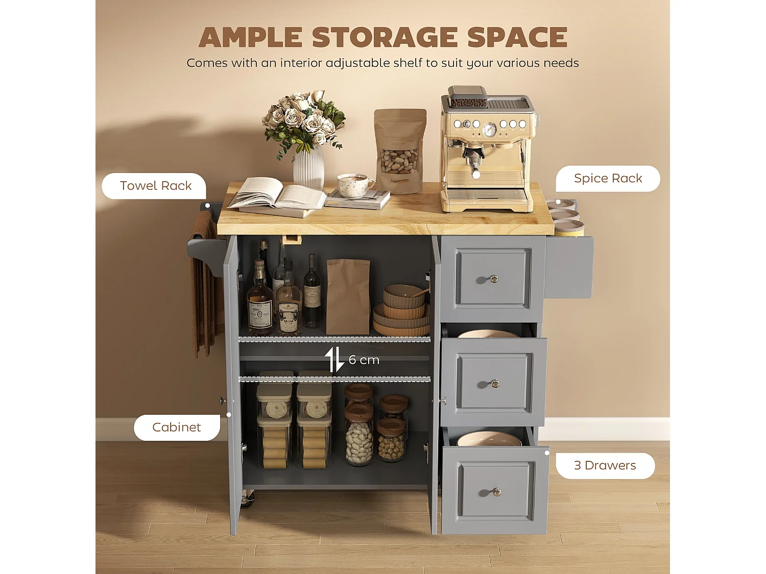 Norado Grey Rolling Kitchen Island with Drop Leaf Rubberwood Top 3 Drawers and Spice Rack