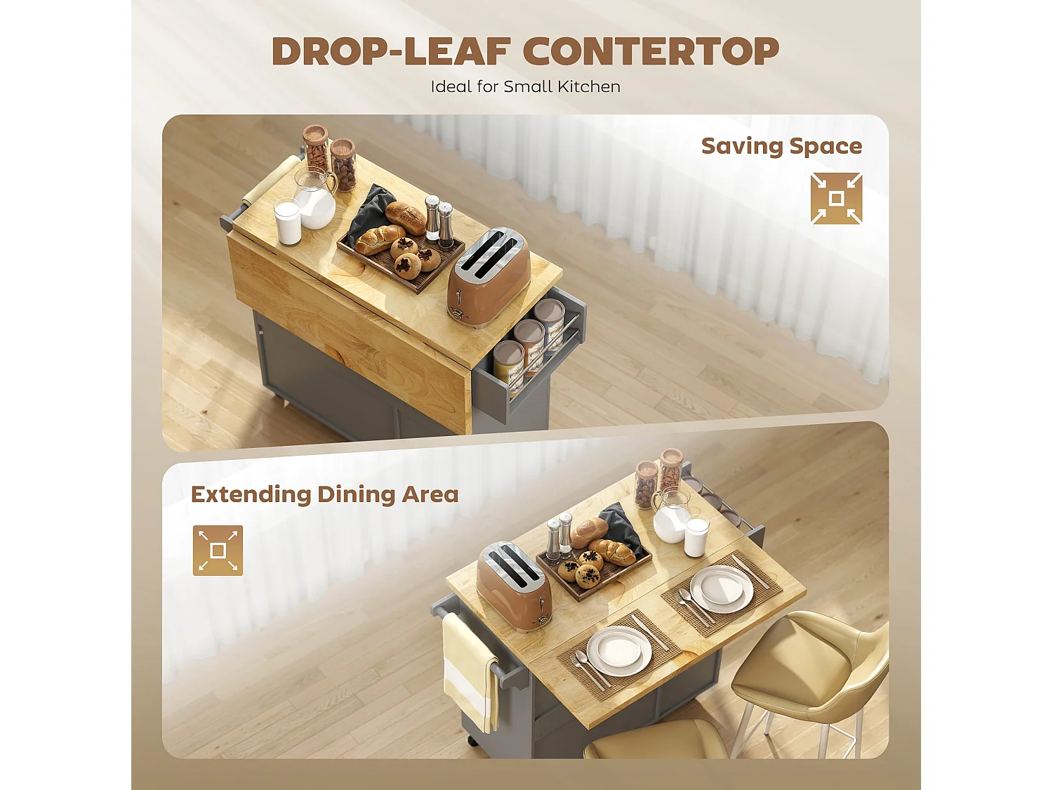 Norado Grey Rolling Kitchen Island with Drop Leaf Rubberwood Top 3 Drawers and Spice Rack