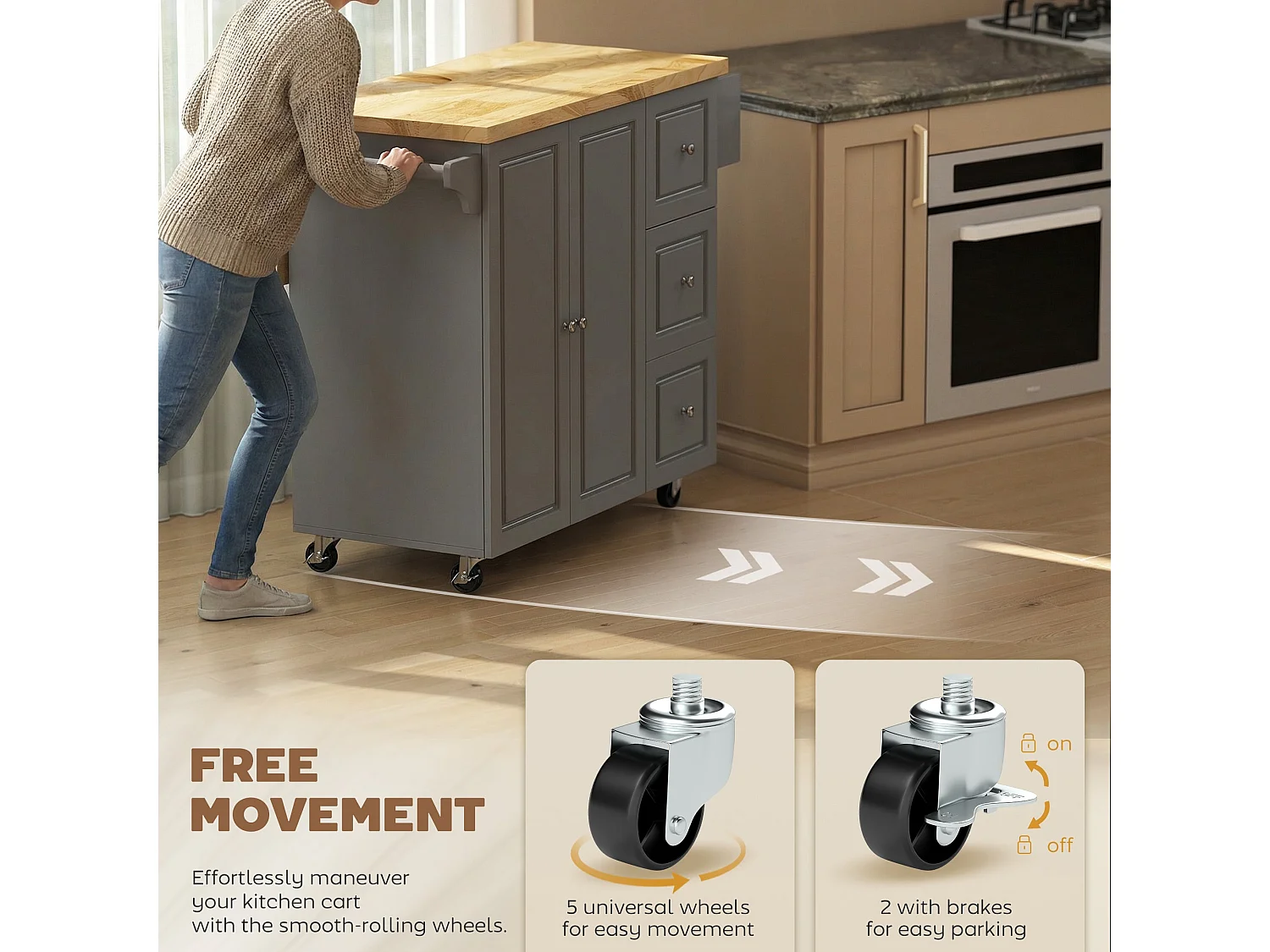 Norado Grey Rolling Kitchen Island with Drop Leaf Rubberwood Top 3 Drawers and Spice Rack