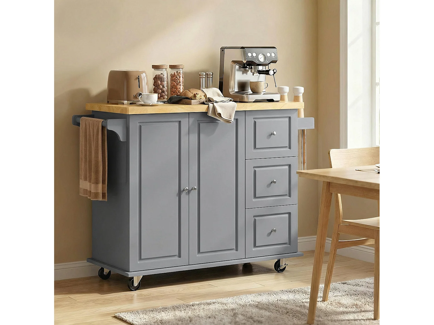 Norado Grey Rolling Kitchen Island with Drop Leaf Rubberwood Top 3 Drawers and Spice Rack