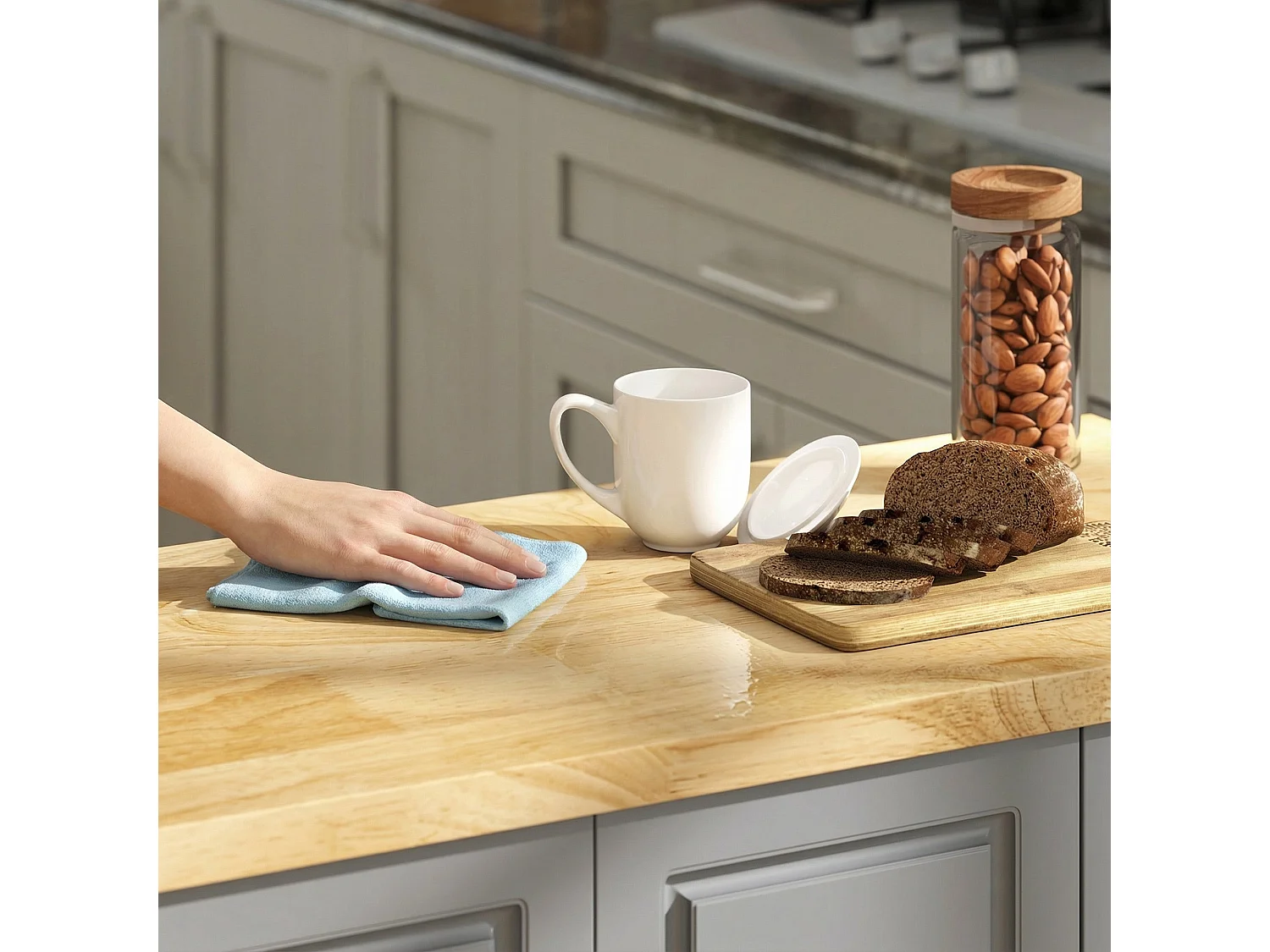 Norado Grey Rolling Kitchen Island with Drop Leaf Rubberwood Top 3 Drawers and Spice Rack