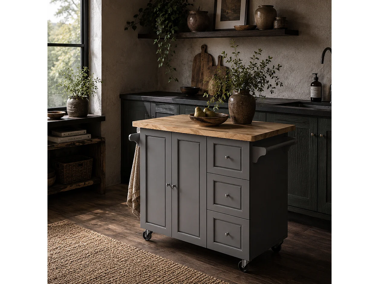 Norado Grey Rolling Kitchen Island with Drop Leaf Rubberwood Top 3 Drawers and Spice Rack