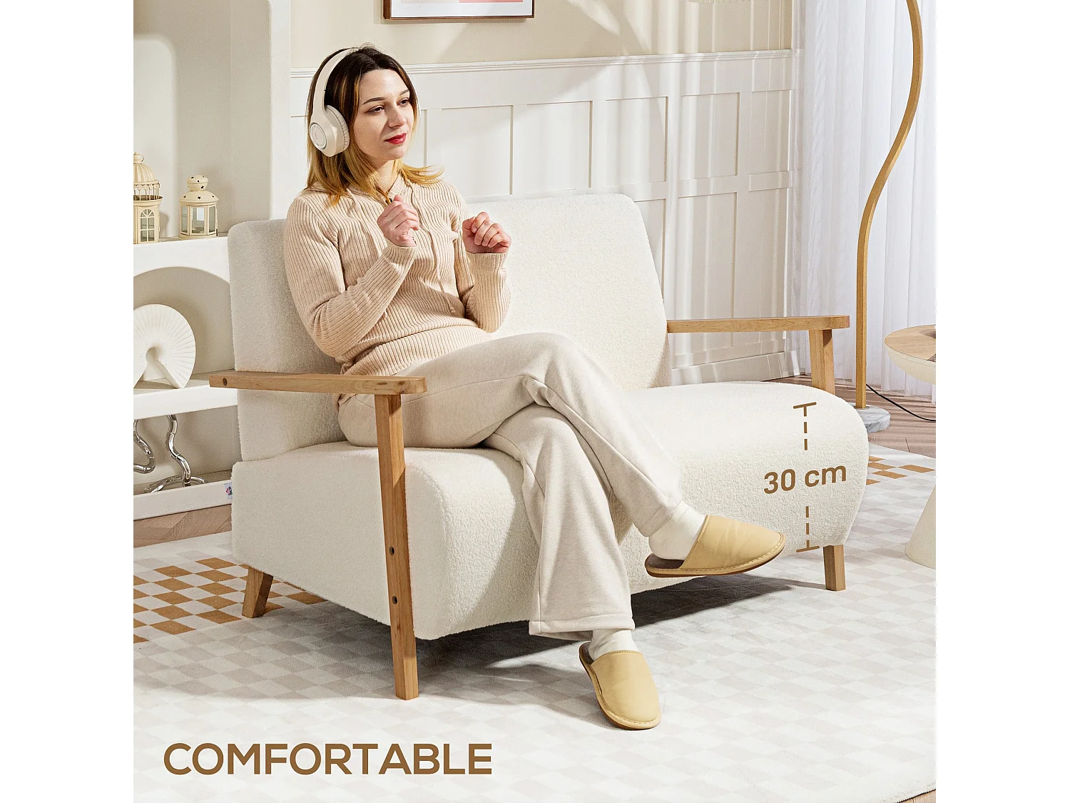 Hadimi Sherpa Boucle Cream White Compact 2 Seater Sofa