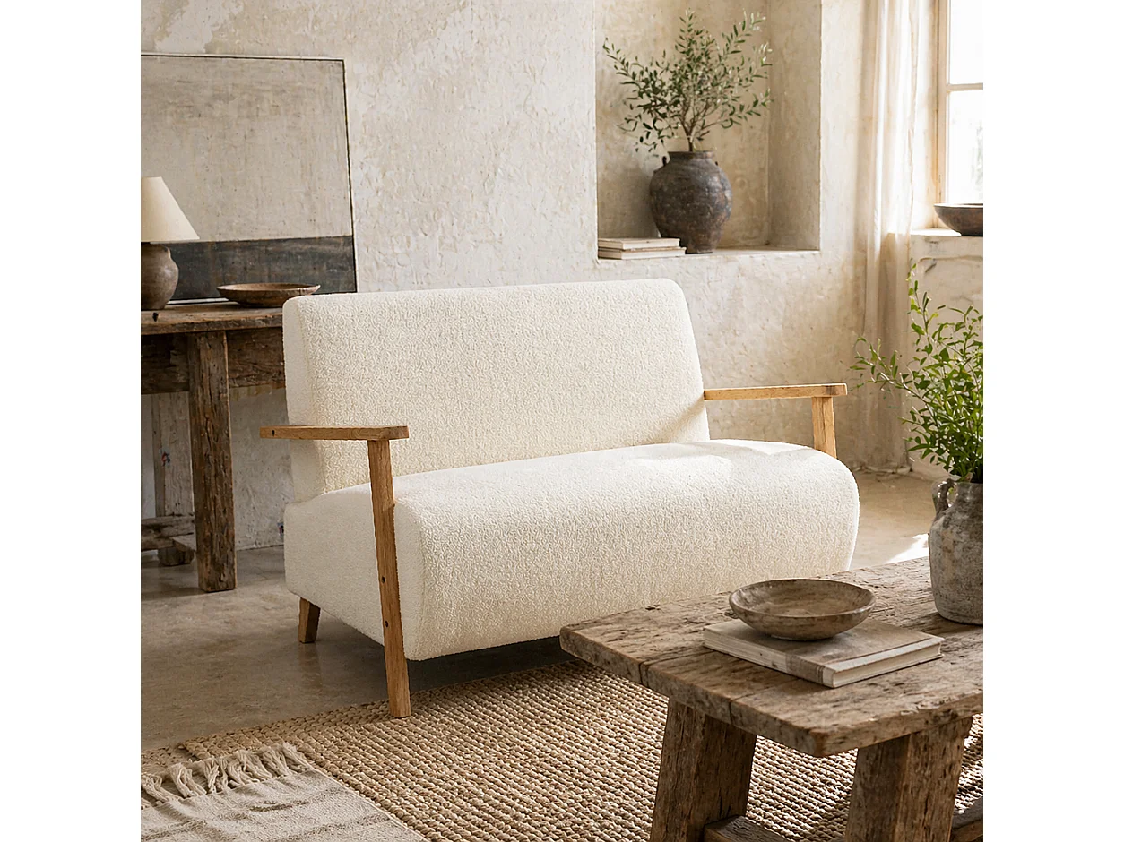 Hadimi Sherpa Boucle Cream White Compact 2 Seater Sofa