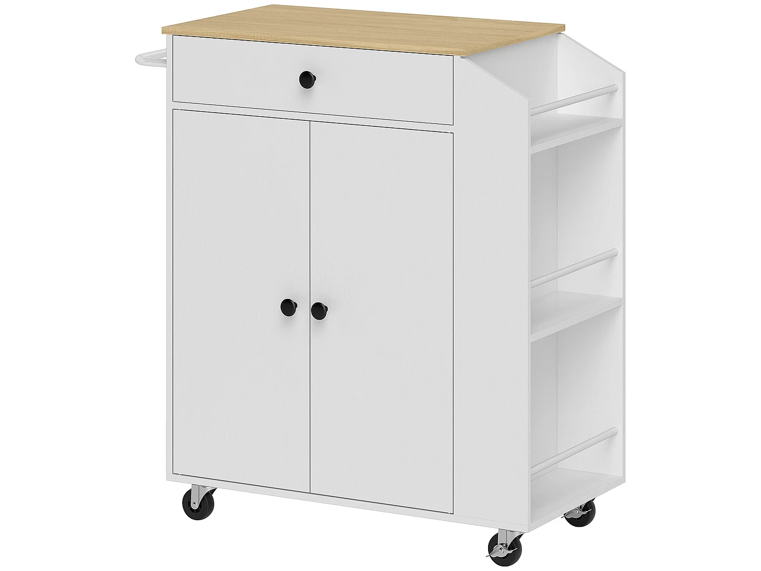 White and Oak Rolling Kitchen Island with Drawer 3 Tier Spice Rack and Towel Rail