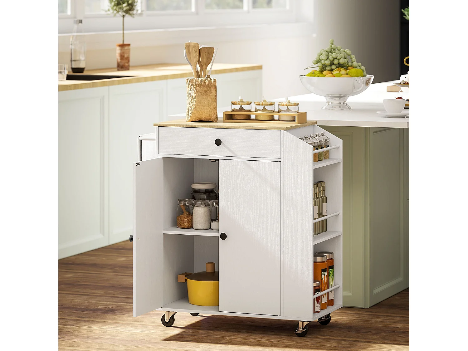 White and Oak Rolling Kitchen Island with Drawer 3 Tier Spice Rack and Towel Rail