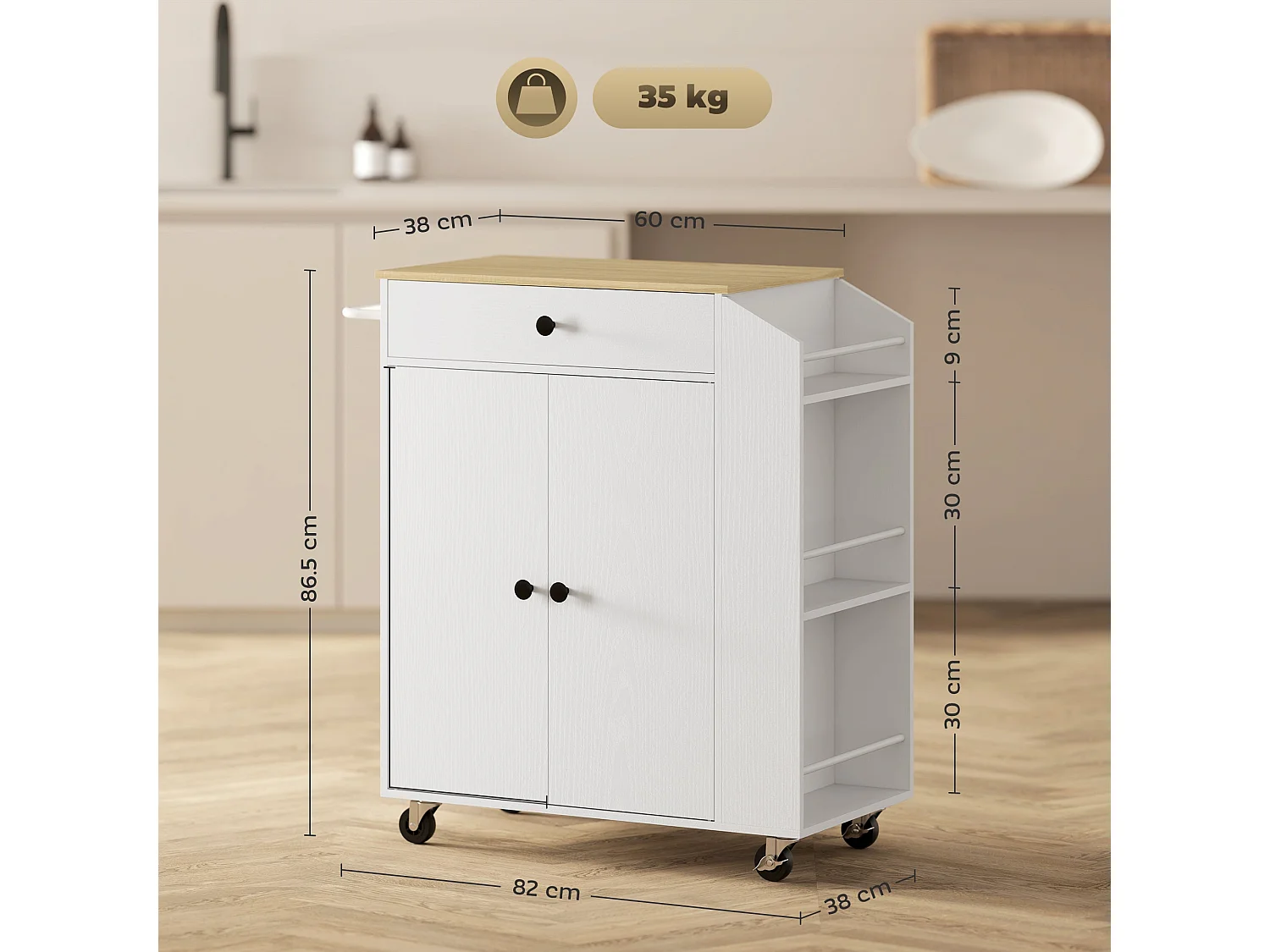 White and Oak Rolling Kitchen Island with Drawer 3 Tier Spice Rack and Towel Rail