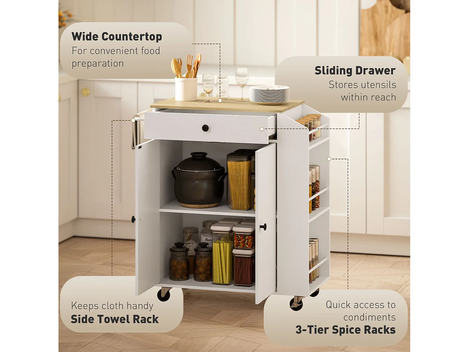 White and Oak Rolling Kitchen Island with Drawer 3 Tier Spice Rack and Towel Rail