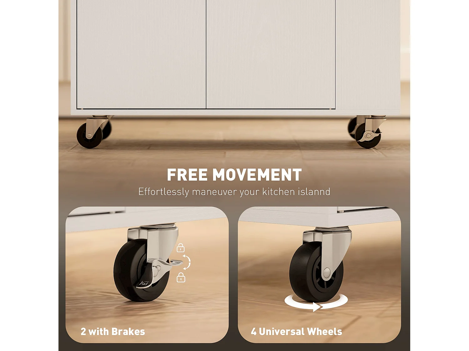 White and Oak Rolling Kitchen Island with Drawer 3 Tier Spice Rack and Towel Rail