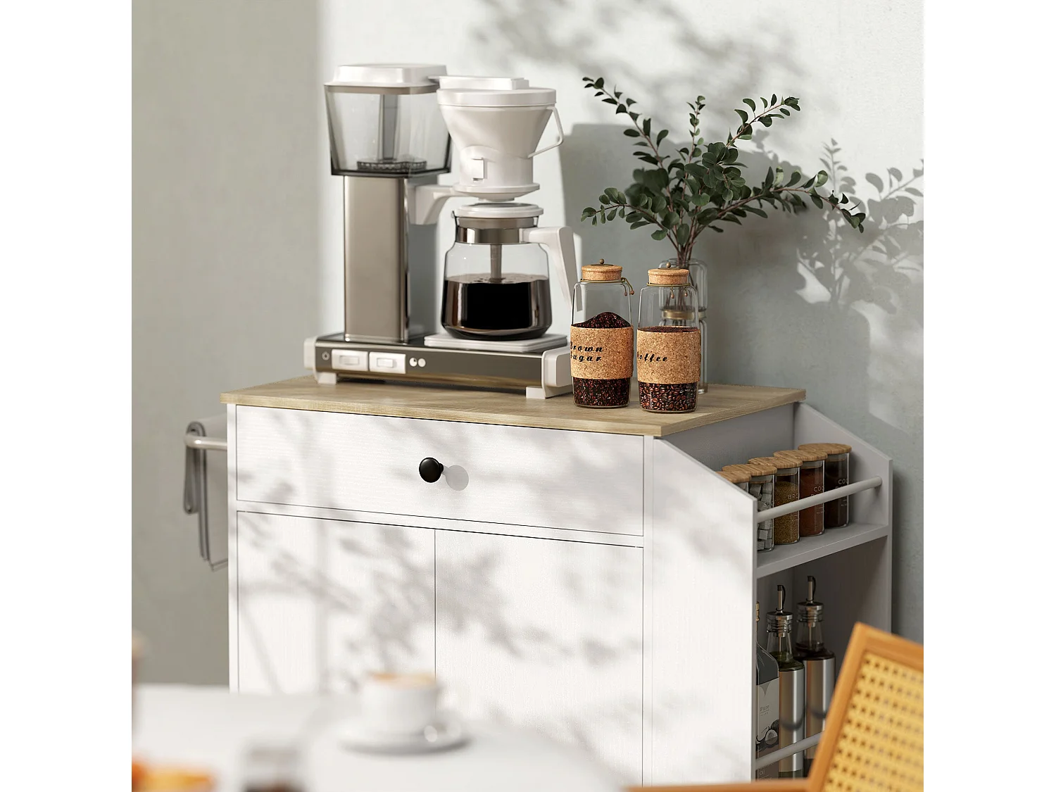 White and Oak Rolling Kitchen Island with Drawer 3 Tier Spice Rack and Towel Rail