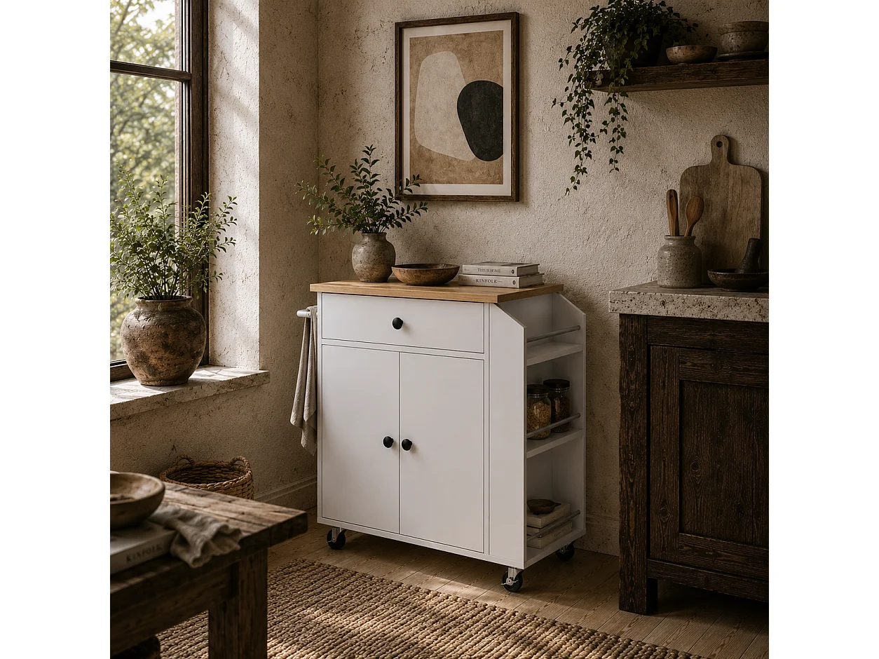 White and Oak Rolling Kitchen Island with Drawer 3 Tier Spice Rack and Towel Rail