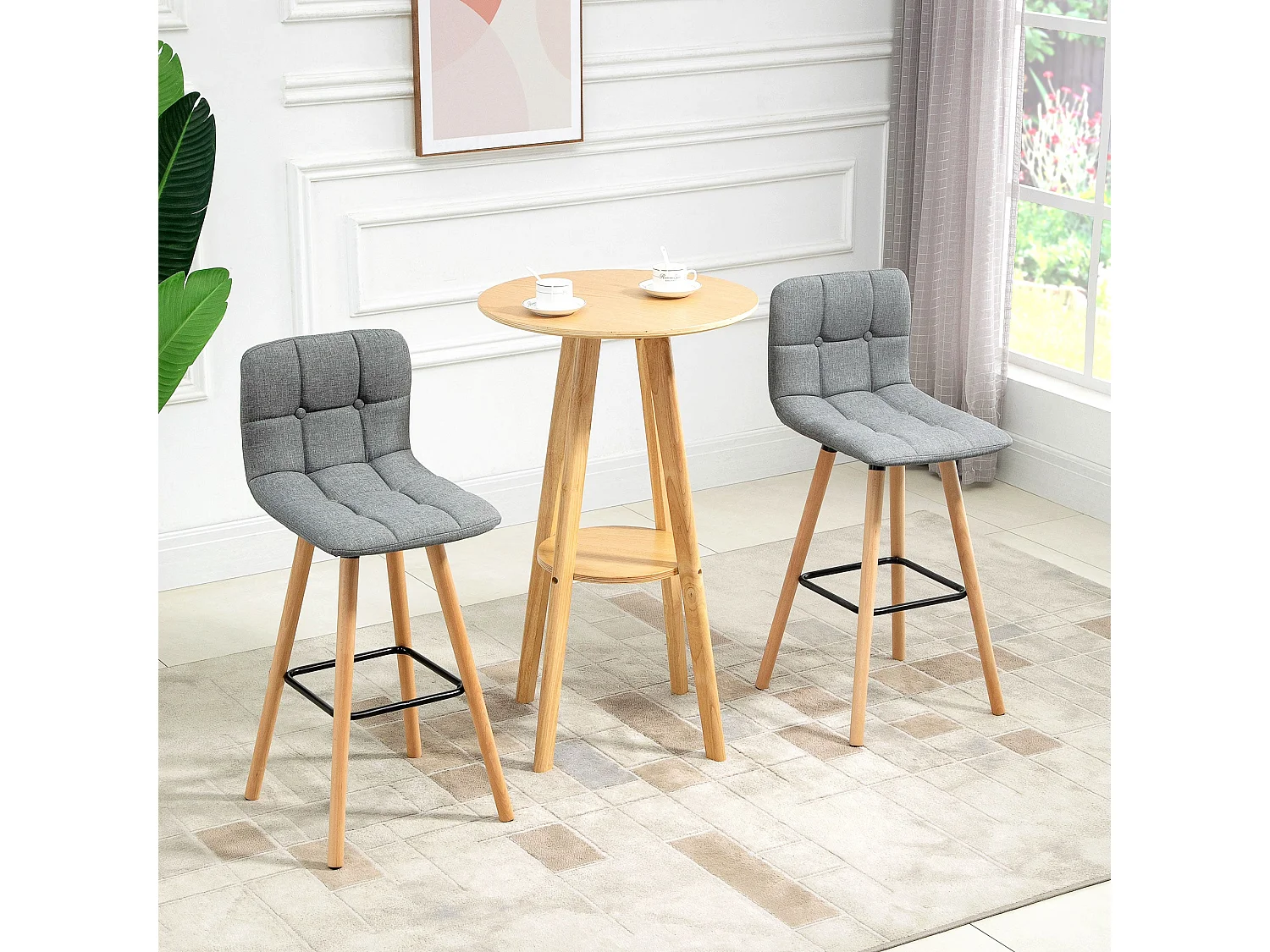 Surmi Set of 2 Grey Button Tufted Counter Stools with Natural Wood Legs