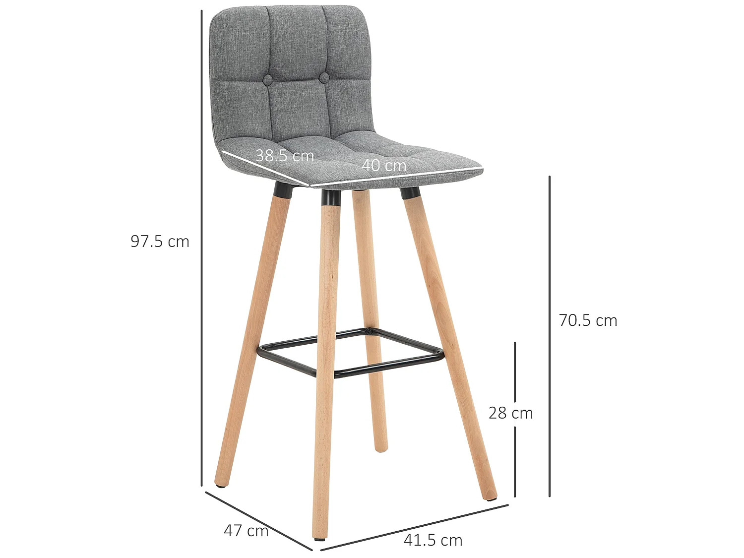 Surmi Set of 2 Grey Button Tufted Counter Stools with Natural Wood Legs