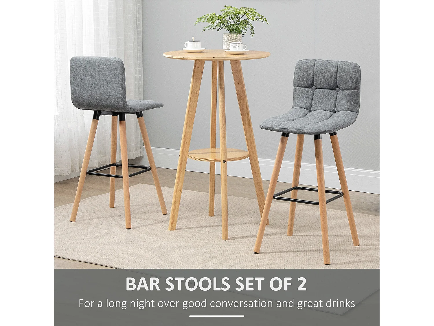 Surmi Set of 2 Grey Button Tufted Counter Stools with Natural Wood Legs
