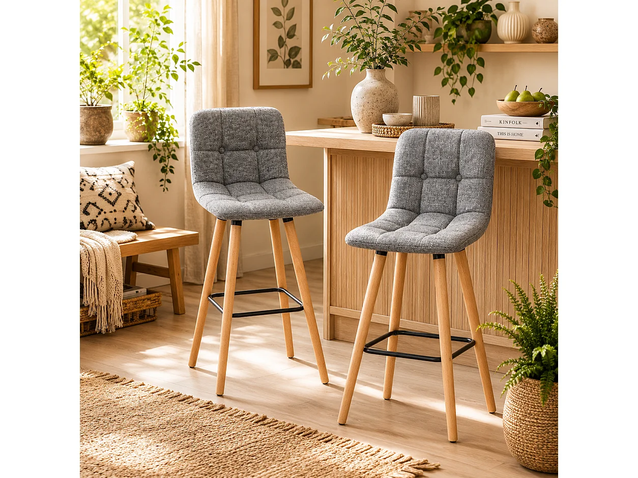 Surmi Set of 2 Grey Button Tufted Counter Stools with Natural Wood Legs
