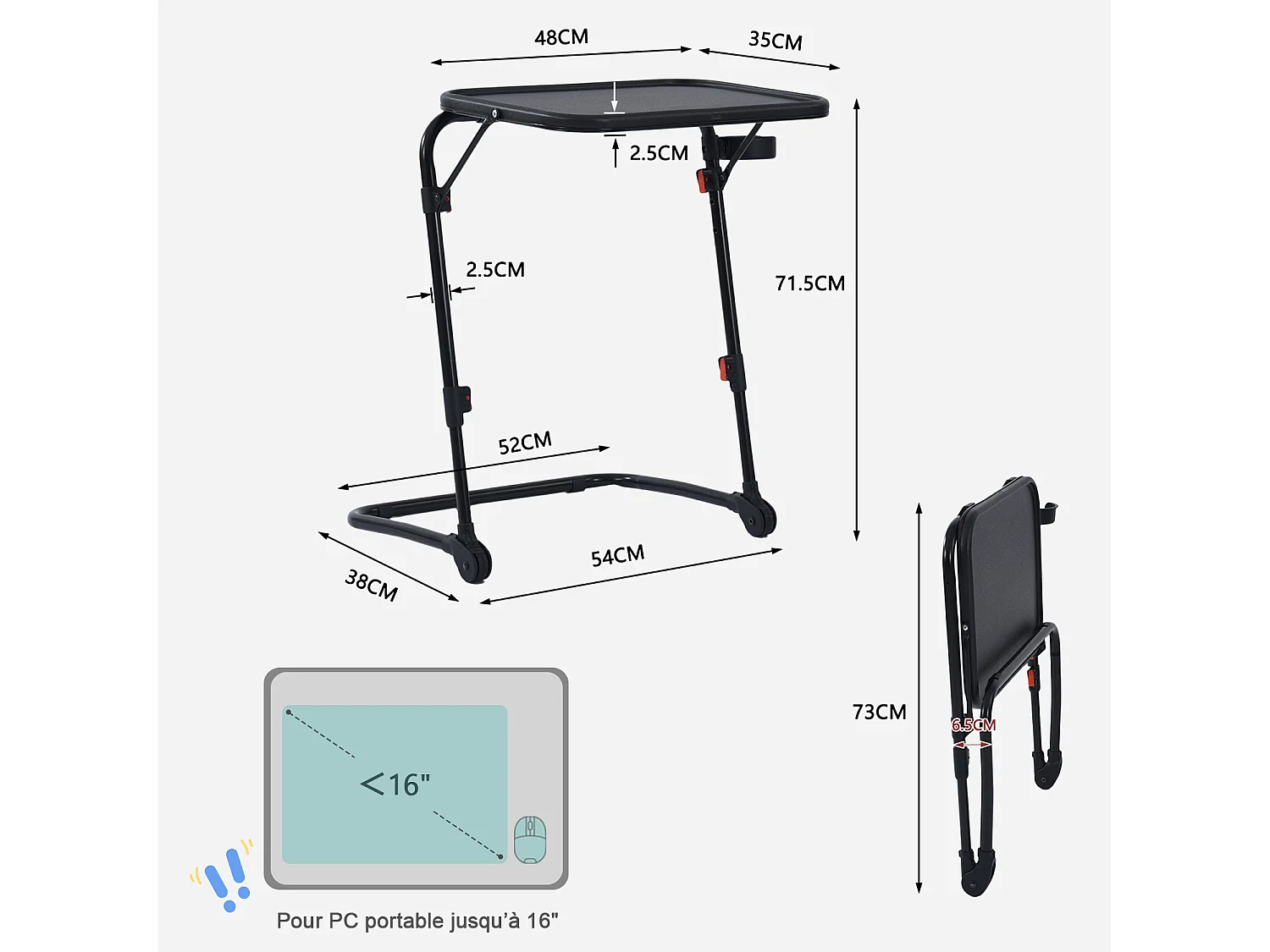 BASELINEDESK - Bureau pliant et inclinable réglable en hauteur en acier noir avec plateau synthétique