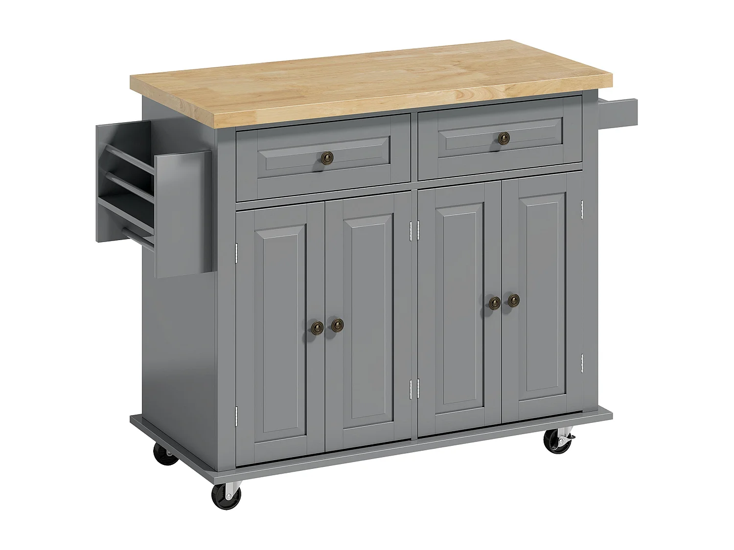 Lenevi Grey and Natural Wooden Rolling Kitchen Island with Drawers and Storage