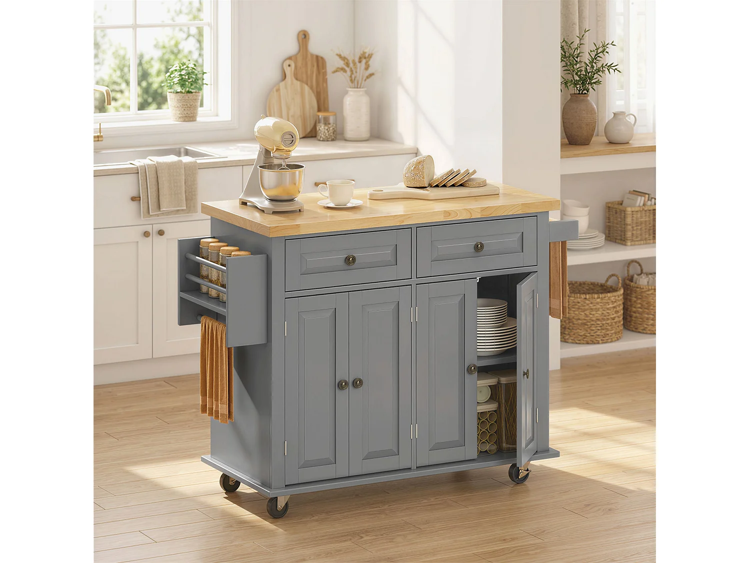 Lenevi Grey and Natural Wooden Rolling Kitchen Island with Drawers and Storage