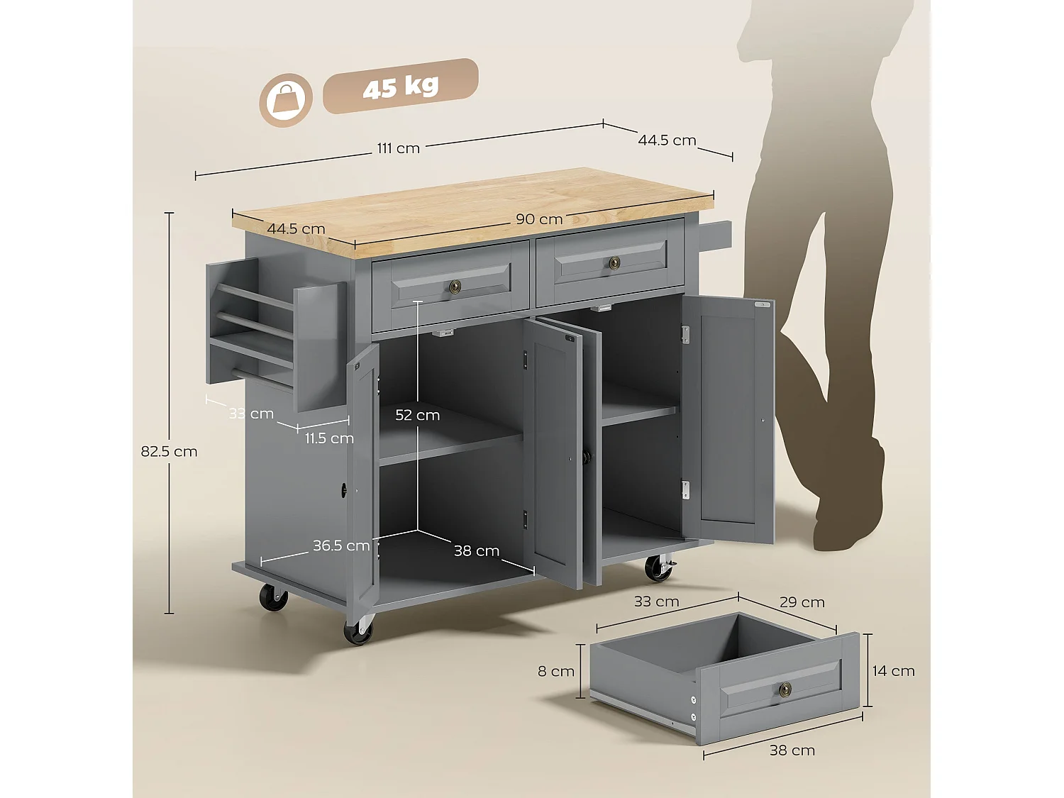 Lenevi Grey and Natural Wooden Rolling Kitchen Island with Drawers and Storage
