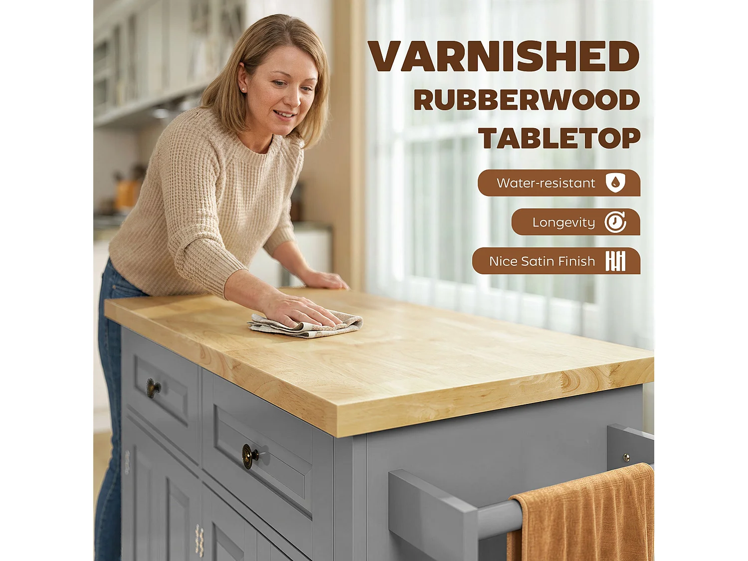 Lenevi Grey and Natural Wooden Rolling Kitchen Island with Drawers and Storage