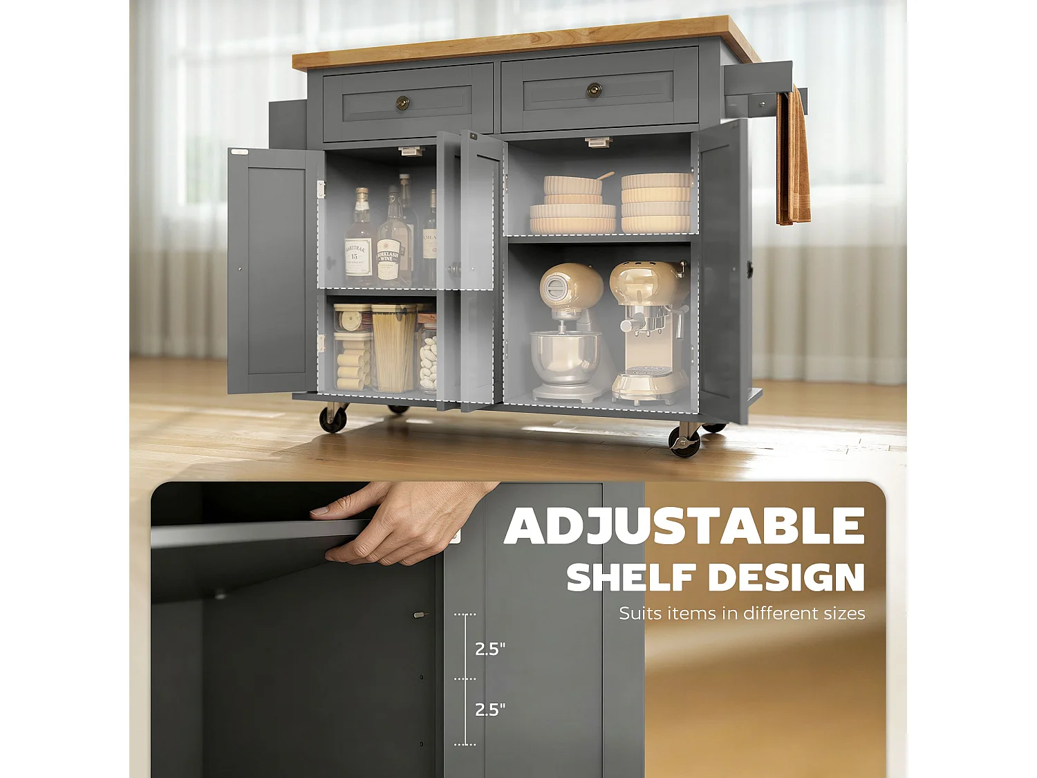 Lenevi Grey and Natural Wooden Rolling Kitchen Island with Drawers and Storage