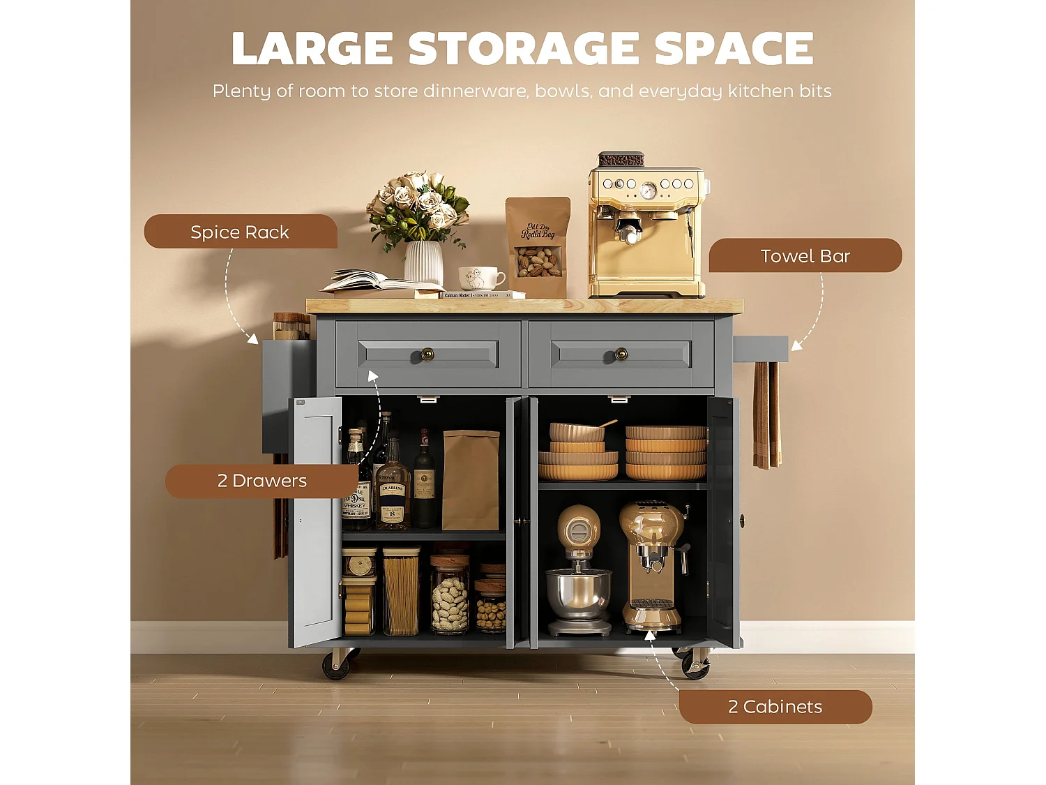 Lenevi Grey and Natural Wooden Rolling Kitchen Island with Drawers and Storage