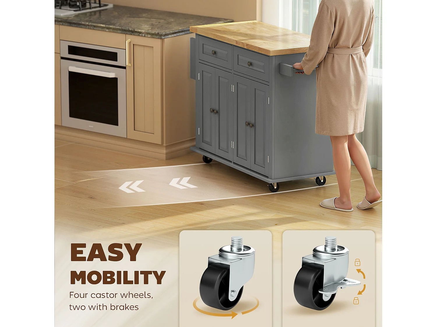 Lenevi Grey and Natural Wooden Rolling Kitchen Island with Drawers and Storage