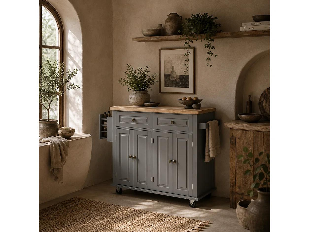 Lenevi Grey and Natural Wooden Rolling Kitchen Island with Drawers and Storage