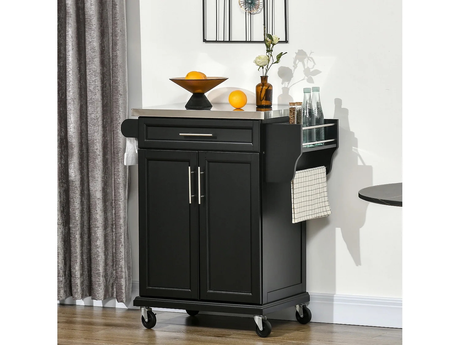 Paha Black Kitchen Island Trolley with Stainless Steel Top Drawer and Side Racks