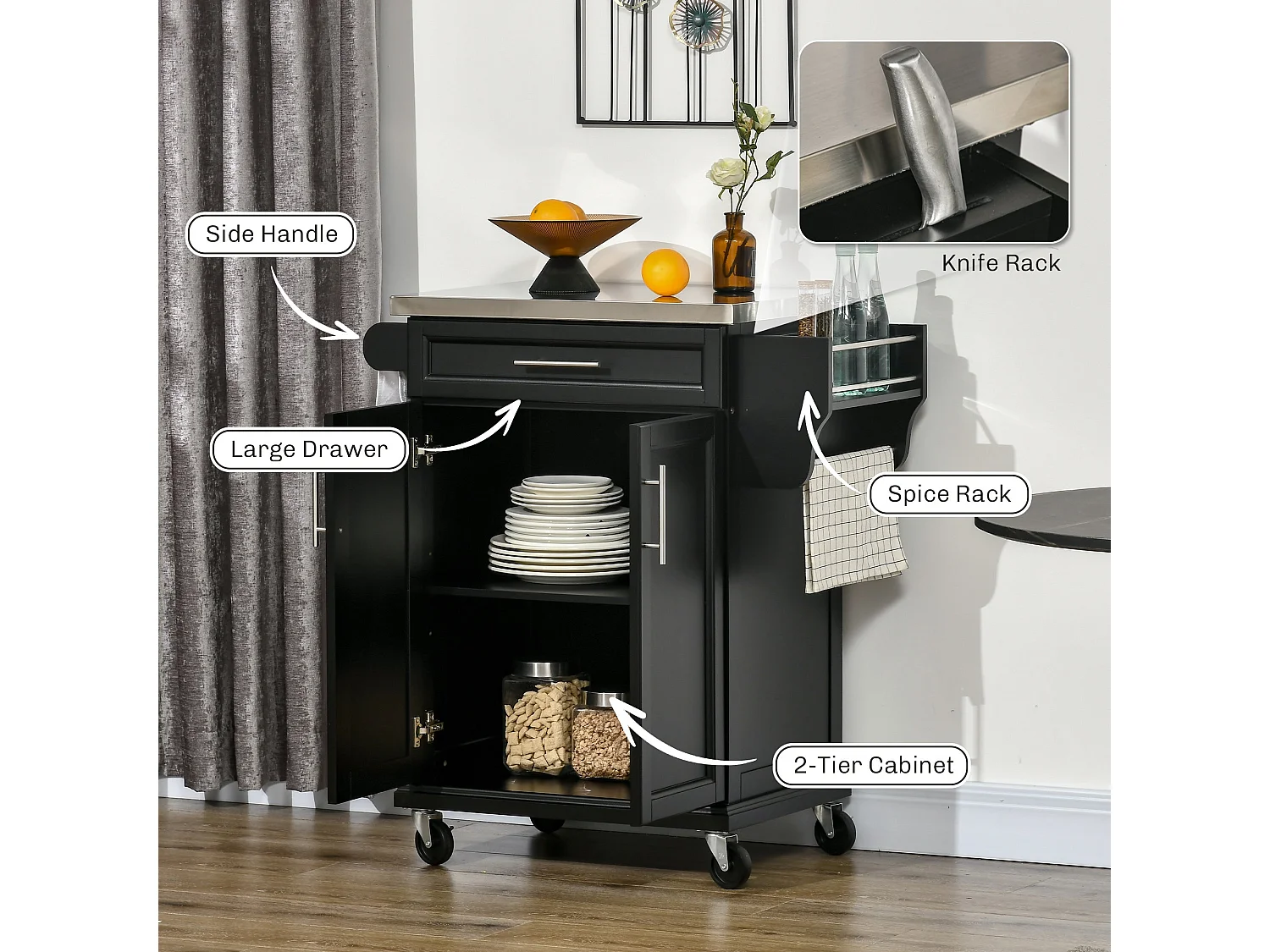 Paha Black Kitchen Island Trolley with Stainless Steel Top Drawer and Side Racks
