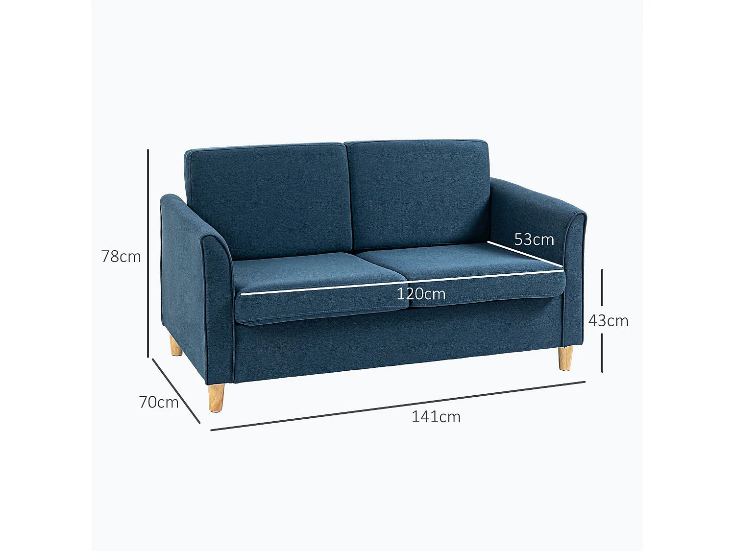 Dilita Dark Blue Compact 2 Seater Sofa with Wooden Legs and Armrests