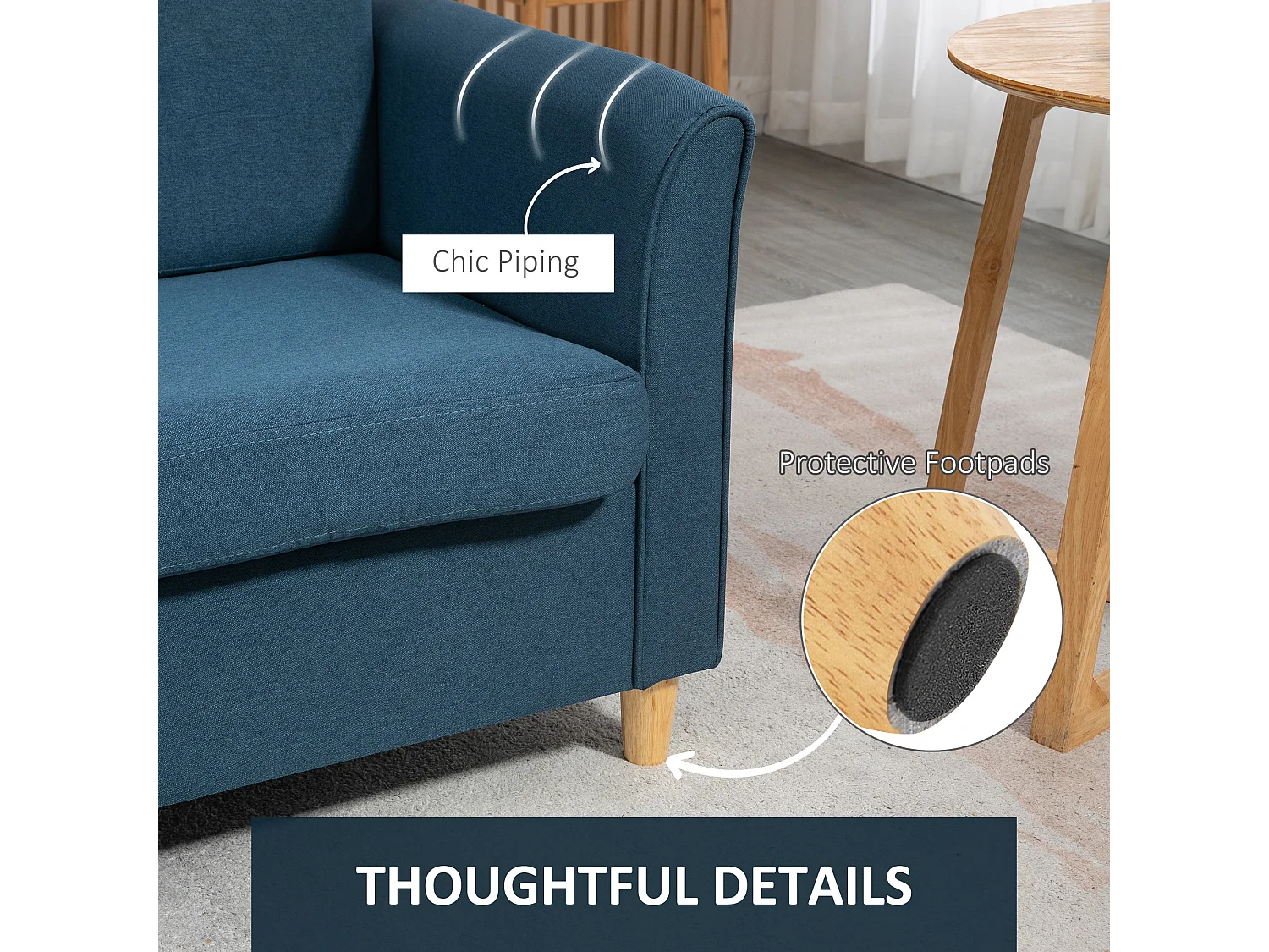 Dilita Dark Blue Compact 2 Seater Sofa with Wooden Legs and Armrests