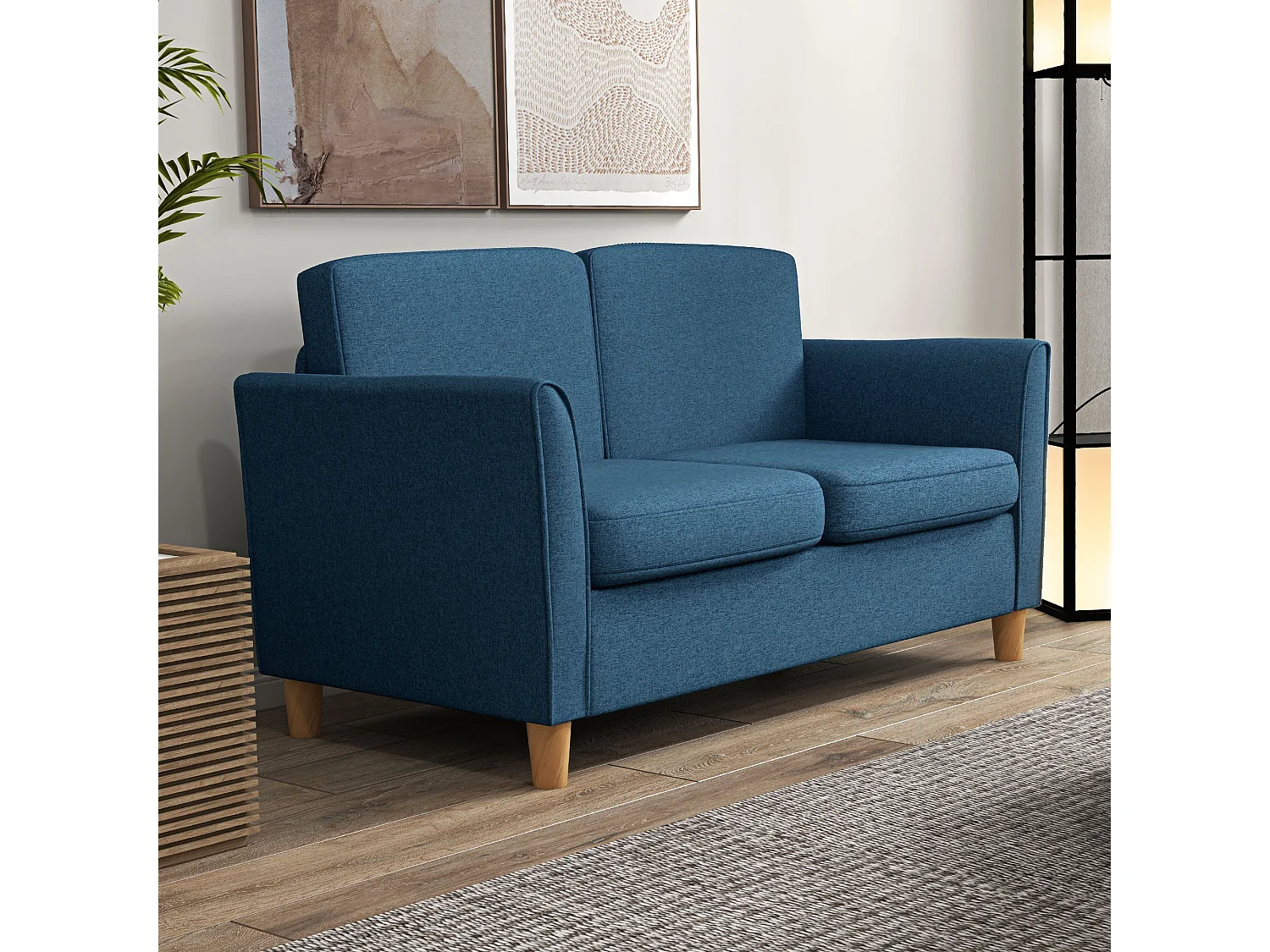 Dilita Dark Blue Compact 2 Seater Sofa with Wooden Legs and Armrests