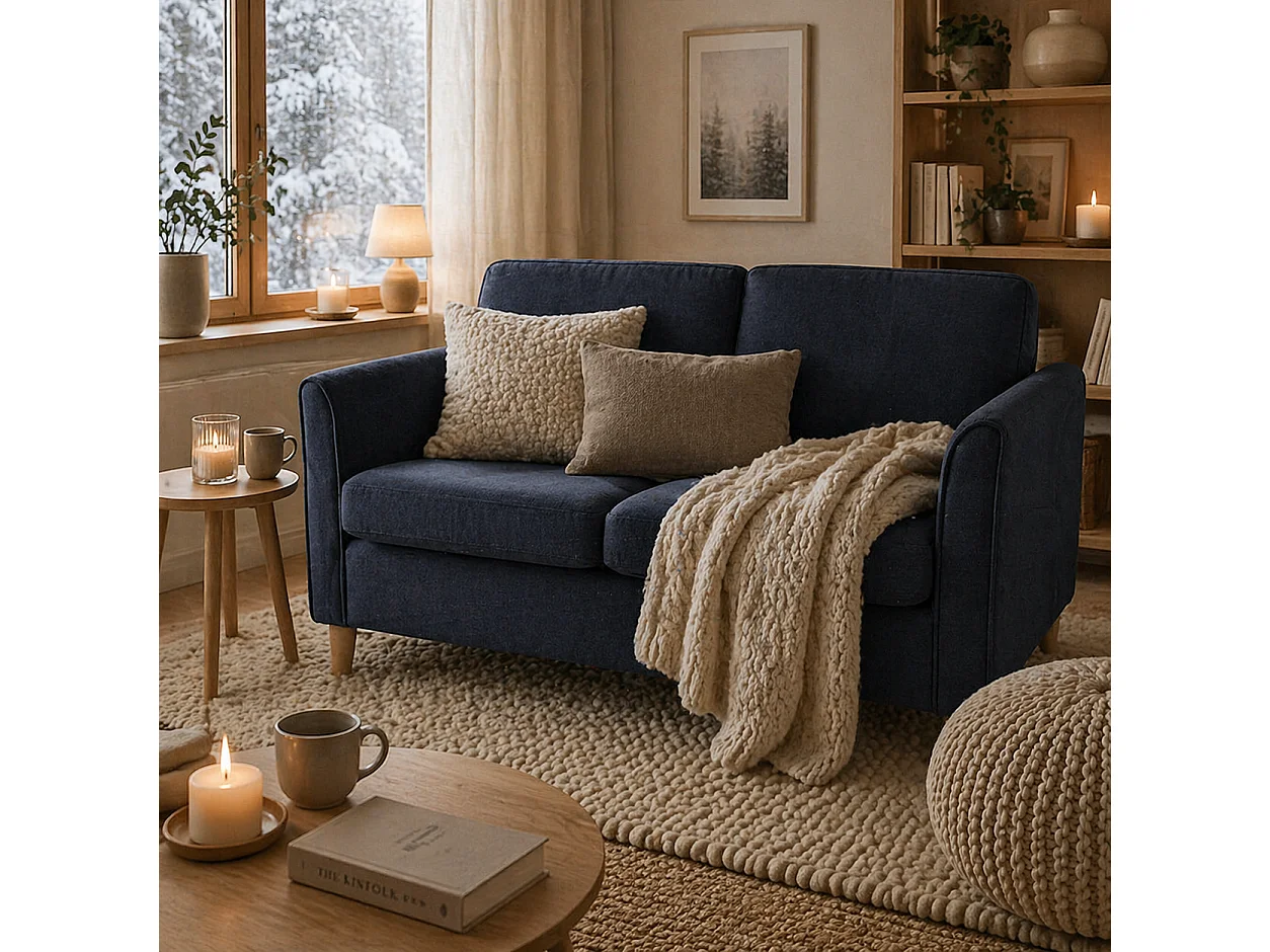Dilita Dark Blue Compact 2 Seater Sofa with Wooden Legs and Armrests