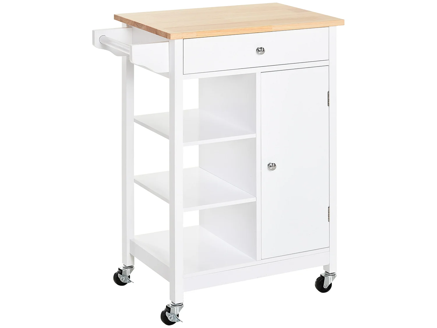Yota White Kitchen Island Trolley with Rubberwood Top Shelves and Cabinet