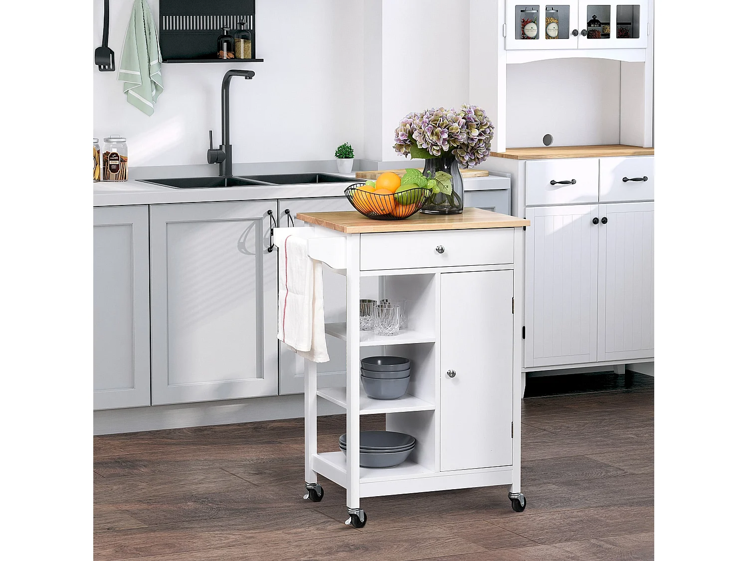 Yota White Kitchen Island Trolley with Rubberwood Top Shelves and Cabinet