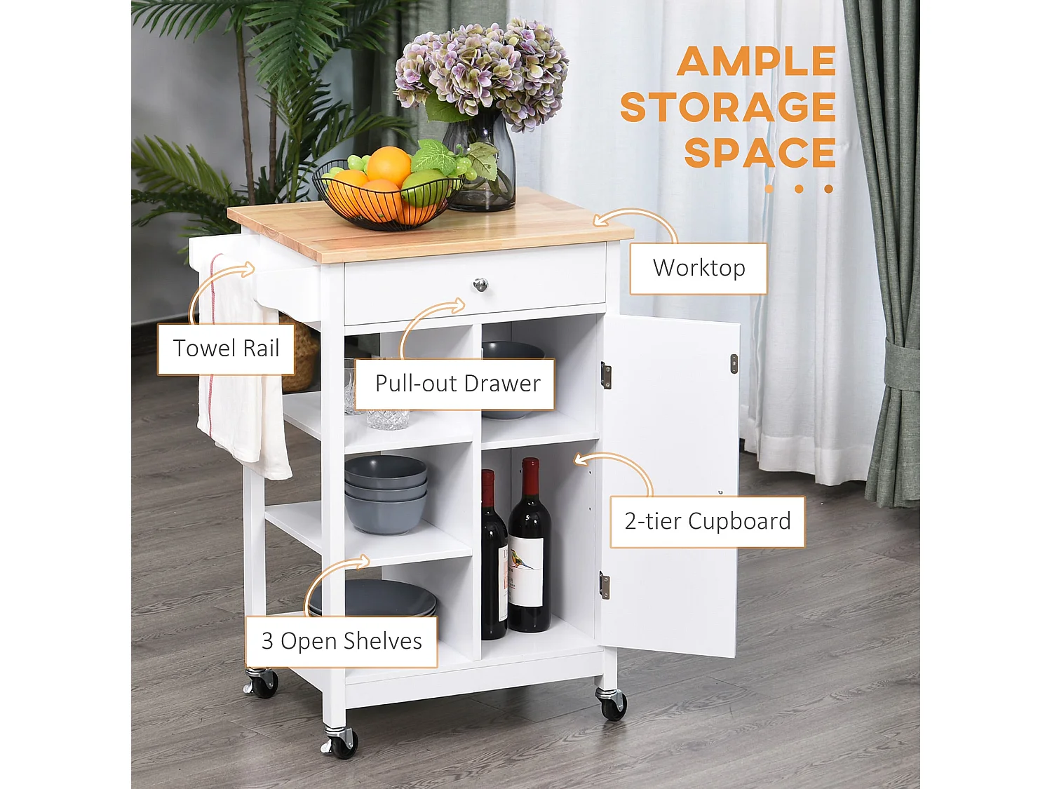 Yota White Kitchen Island Trolley with Rubberwood Top Shelves and Cabinet