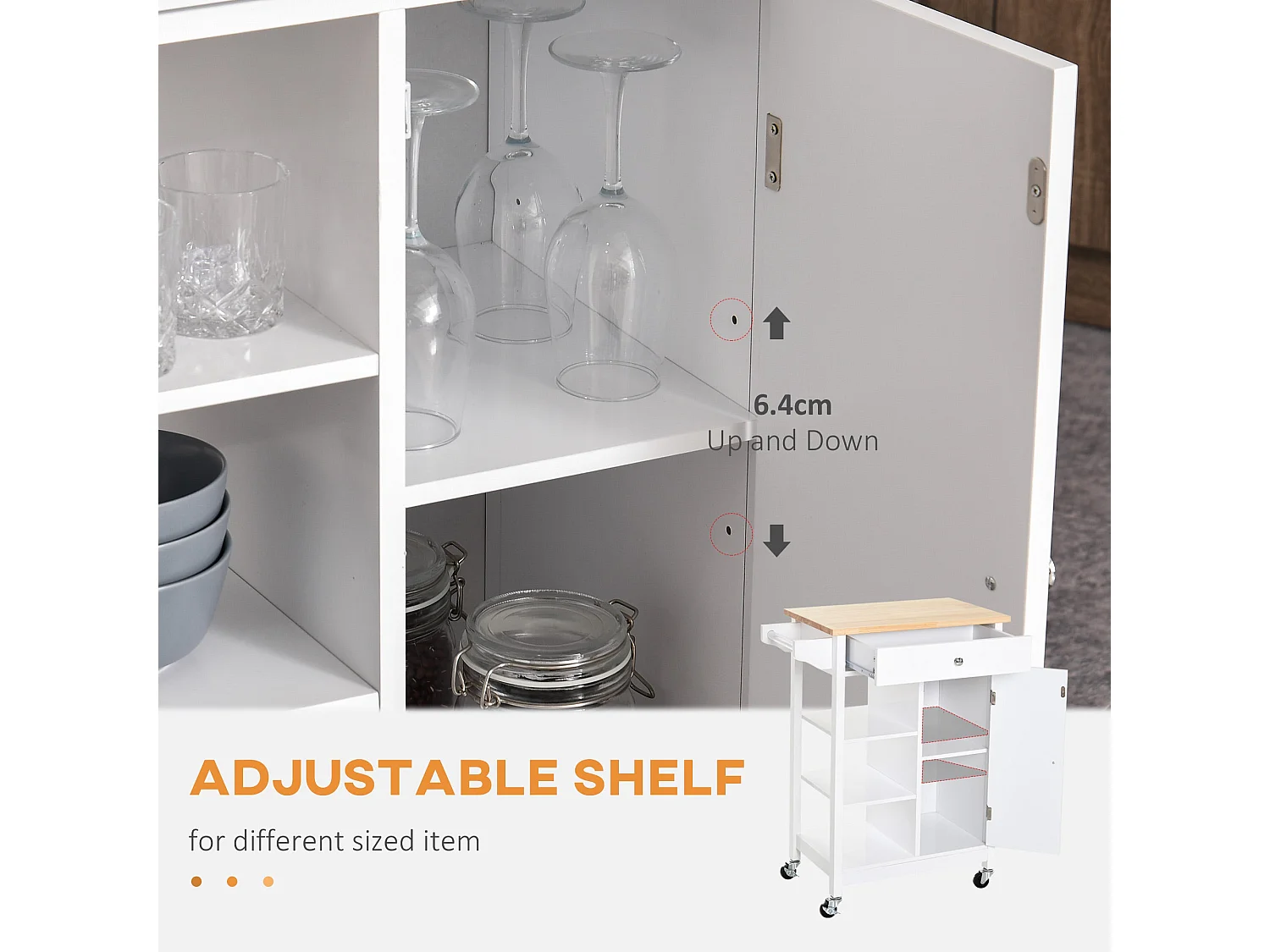 Yota White Kitchen Island Trolley with Rubberwood Top Shelves and Cabinet