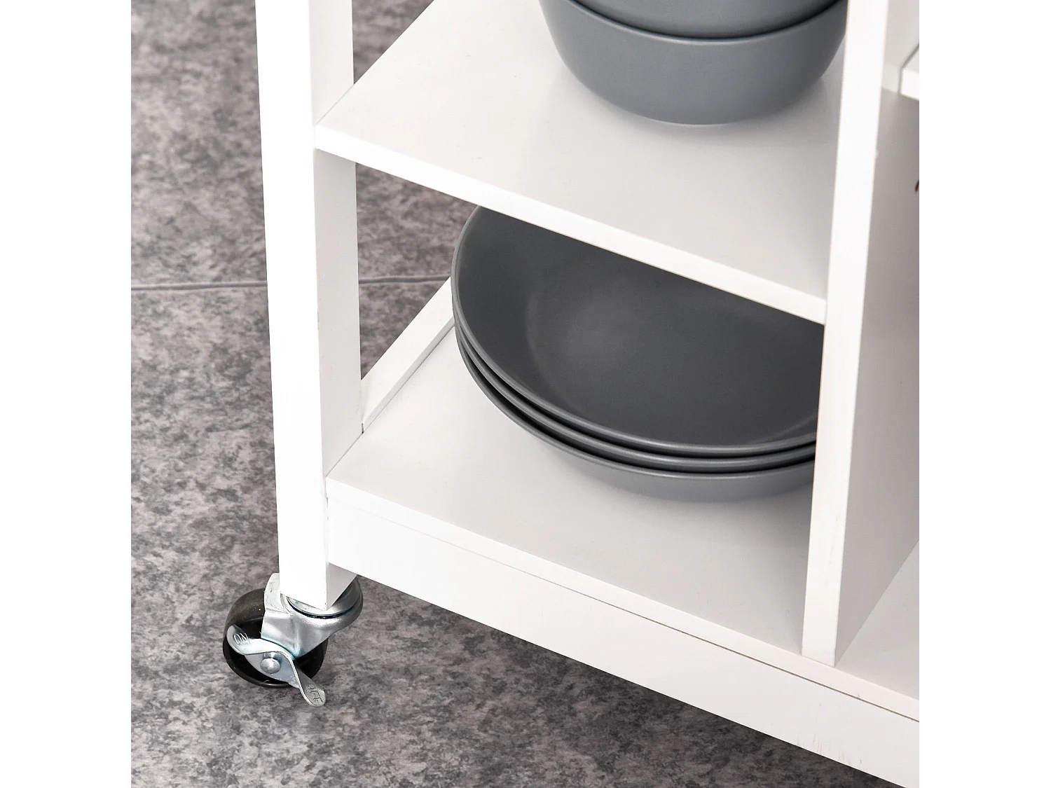 Yota White Kitchen Island Trolley with Rubberwood Top Shelves and Cabinet