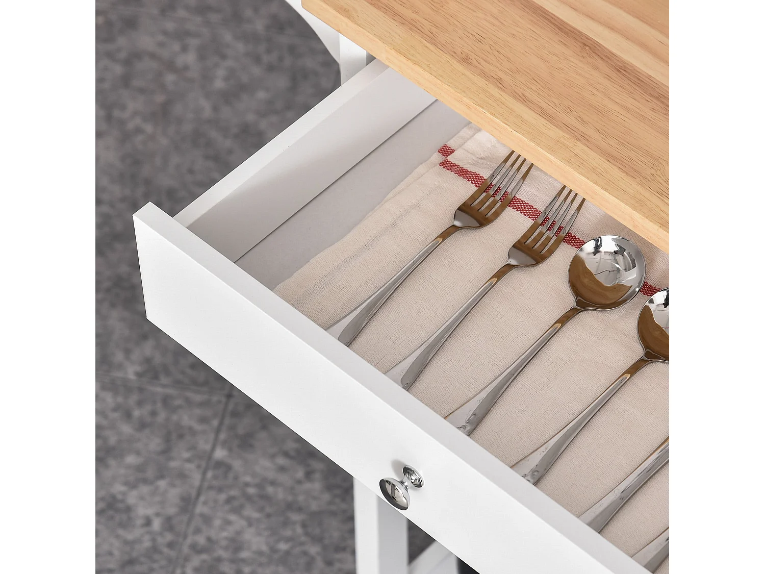 Yota White Kitchen Island Trolley with Rubberwood Top Shelves and Cabinet