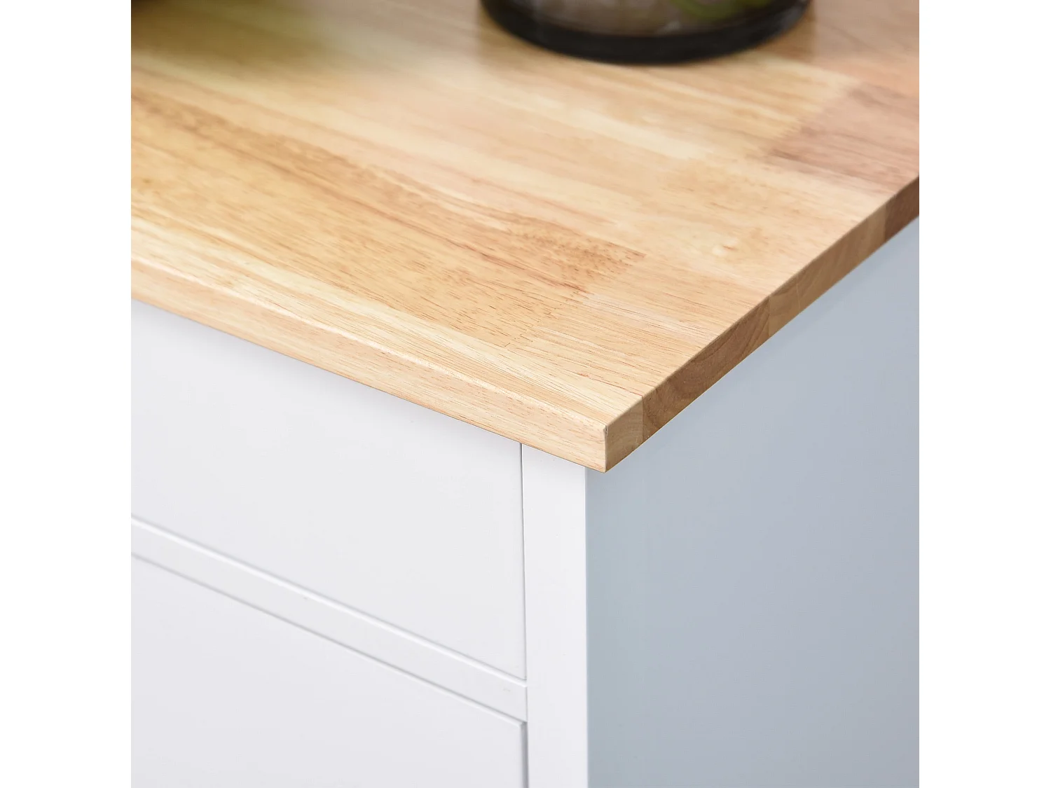 Yota White Kitchen Island Trolley with Rubberwood Top Shelves and Cabinet