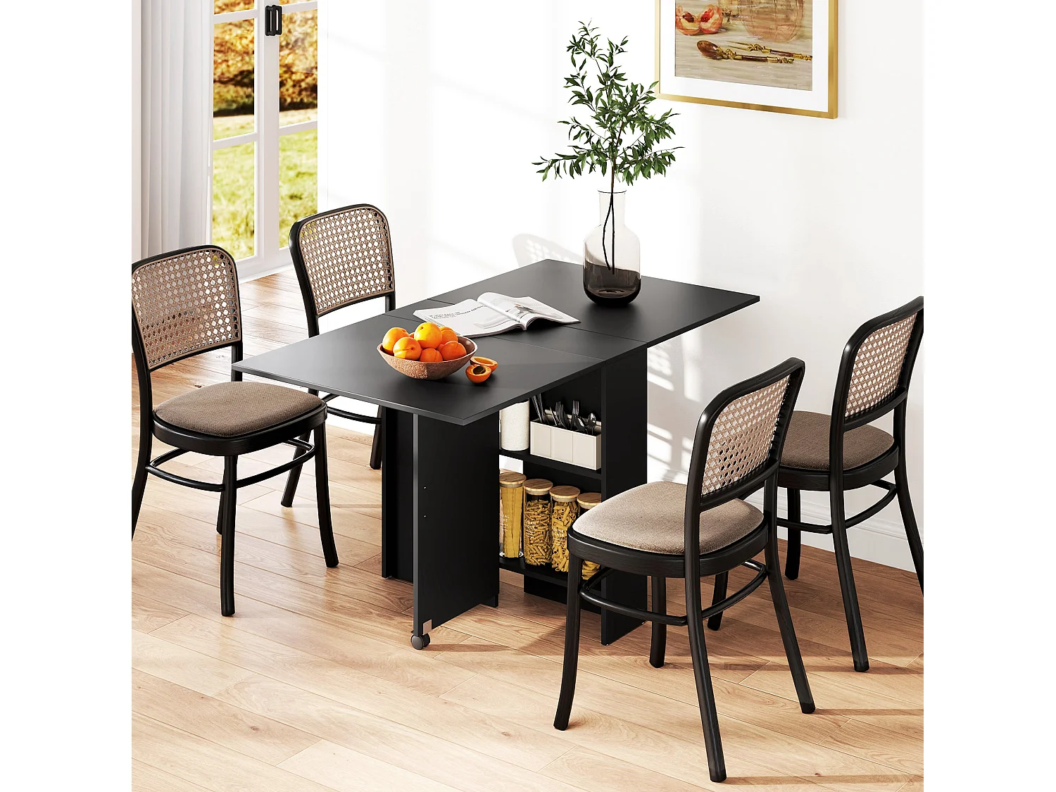 Kafa Laso Extendable Folding Dining Table with Storage Shelves and Wheels