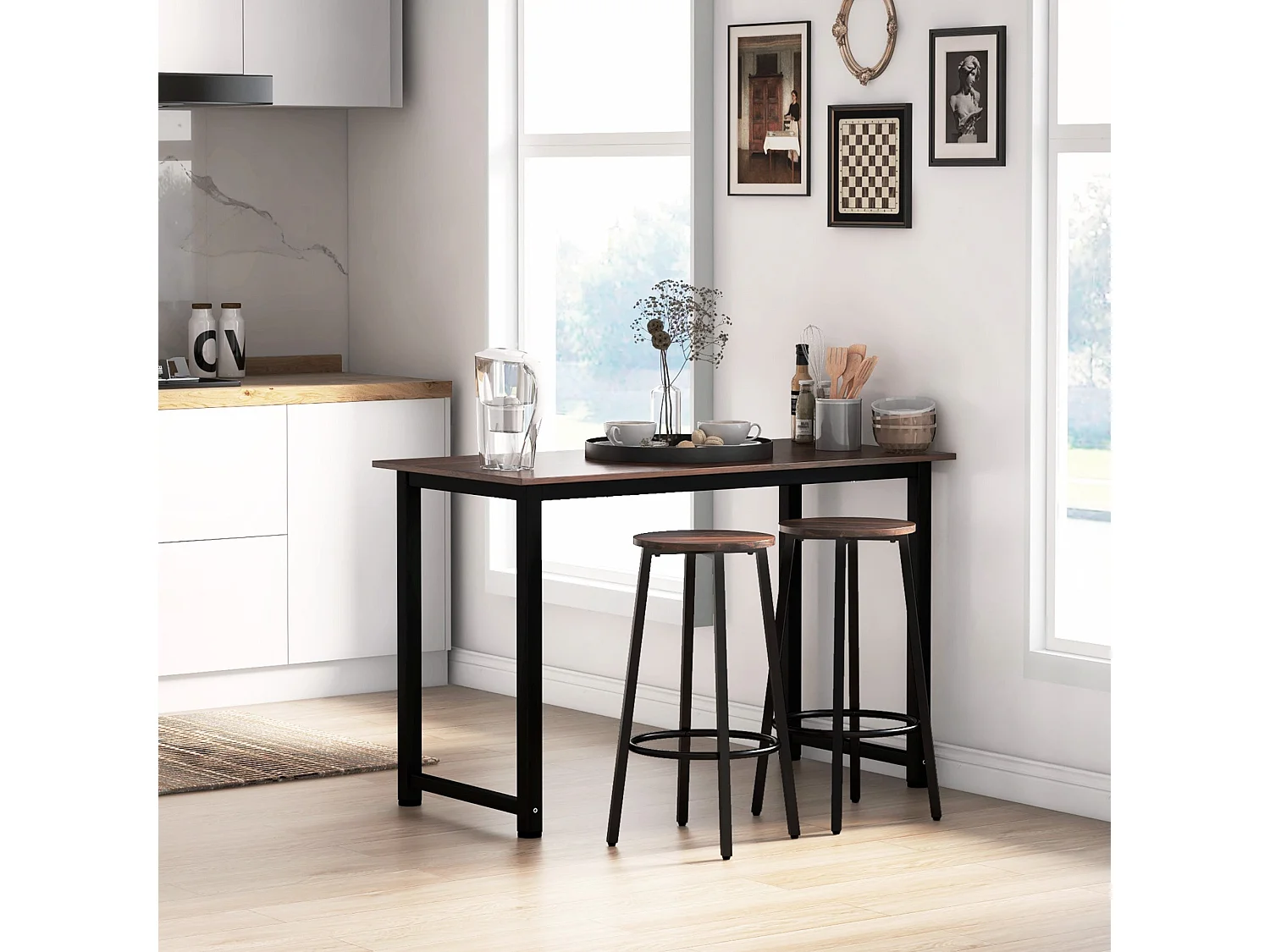 Kabato Rustic Brown Wood and Black Metal Industrial Bar Stools Set of 2 65cm Seat Height