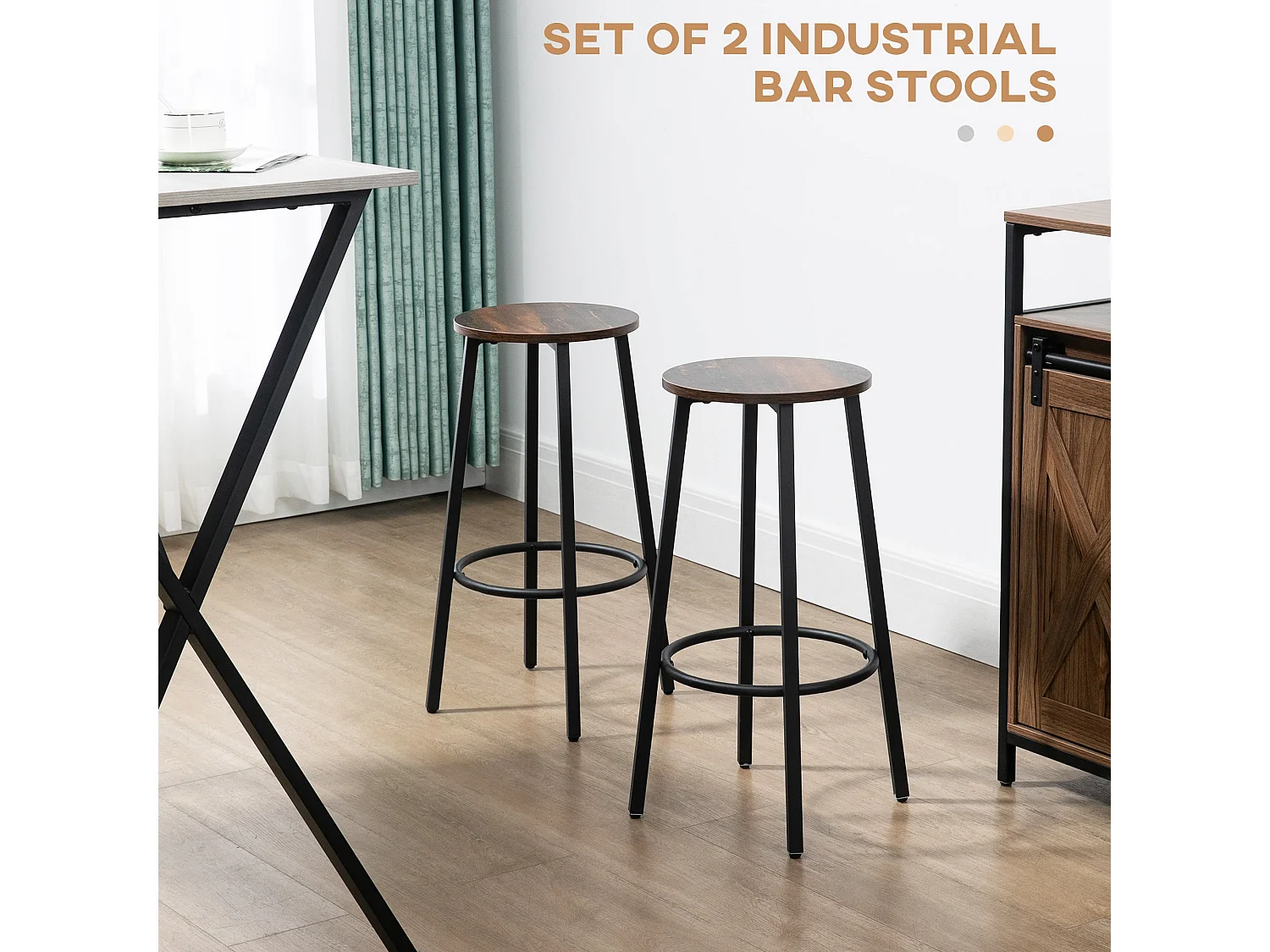 Kabato Rustic Brown Wood and Black Metal Industrial Bar Stools Set of 2 65cm Seat Height