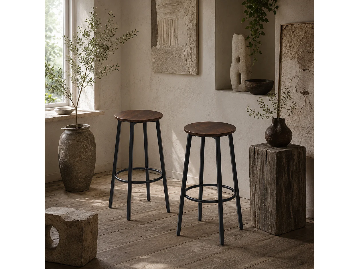 Kabato Rustic Brown Wood and Black Metal Industrial Bar Stools Set of 2 65cm Seat Height
