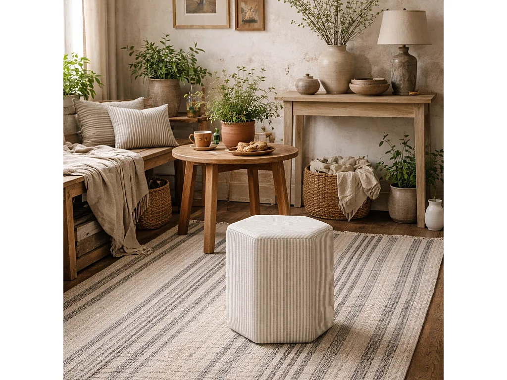 Isabella Hexagon Upholstered Stool Cream and White Stripe