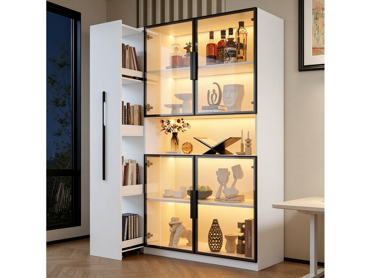 Glasvitrine 110 × 35 × 160 cm - LED-Beleuchtung - 1 Schublade mit Schiebefunktion und 4 Glastüren - MDF - Weiß