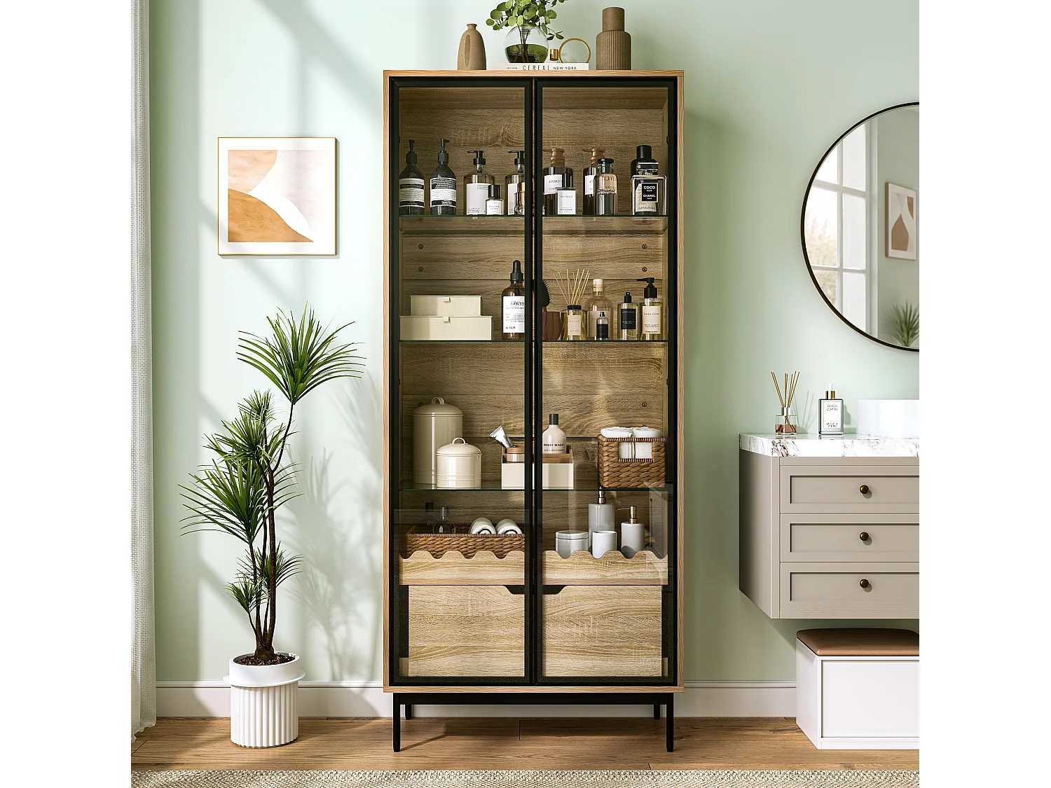 Vitrine/Meuble de salle de bains 75x35x170.5 cm - avec 2 portes vitrées et 1 tiroir - étagère en verre réglable en hauteur - Naturel